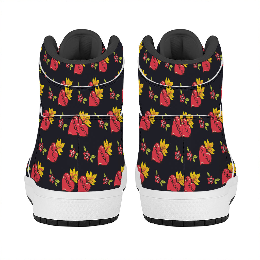 Sacred Heart Pattern Print High Top Leather Sneakers