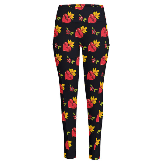 Sacred Heart Pattern Print High-Waisted Pocket Leggings
