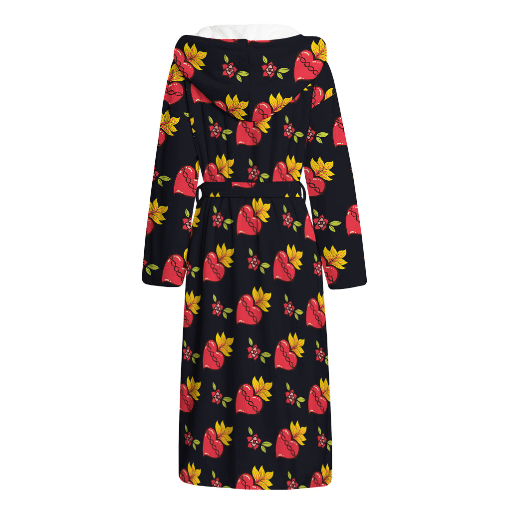 Sacred Heart Pattern Print Hooded Bathrobe