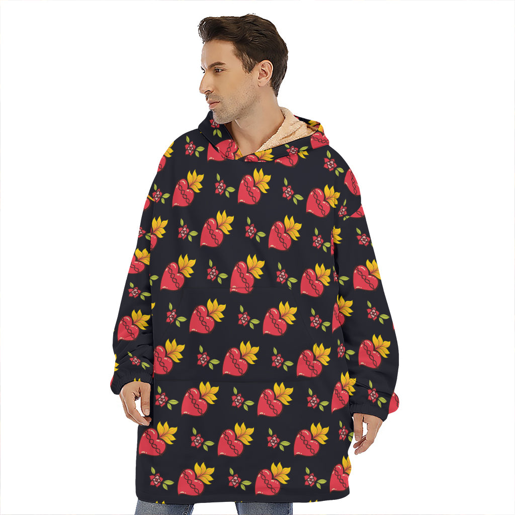 Sacred Heart Pattern Print Hoodie Blanket