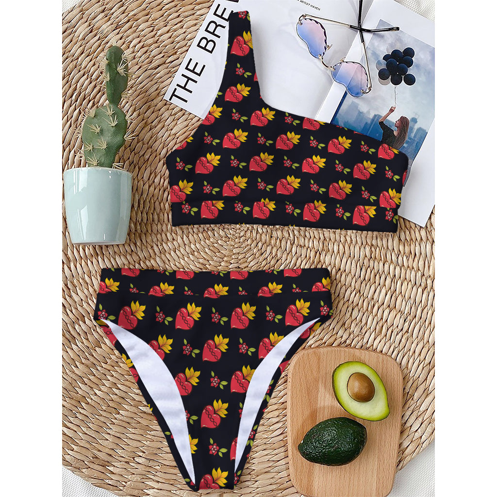 Sacred Heart Pattern Print One Shoulder Bikini Top
