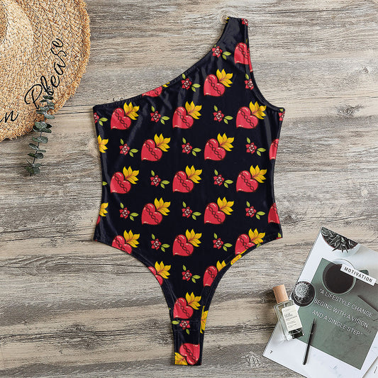 Sacred Heart Pattern Print One Shoulder Bodysuit