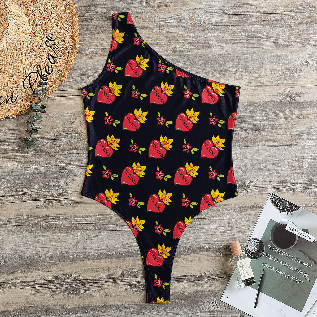 Sacred Heart Pattern Print One Shoulder Bodysuit