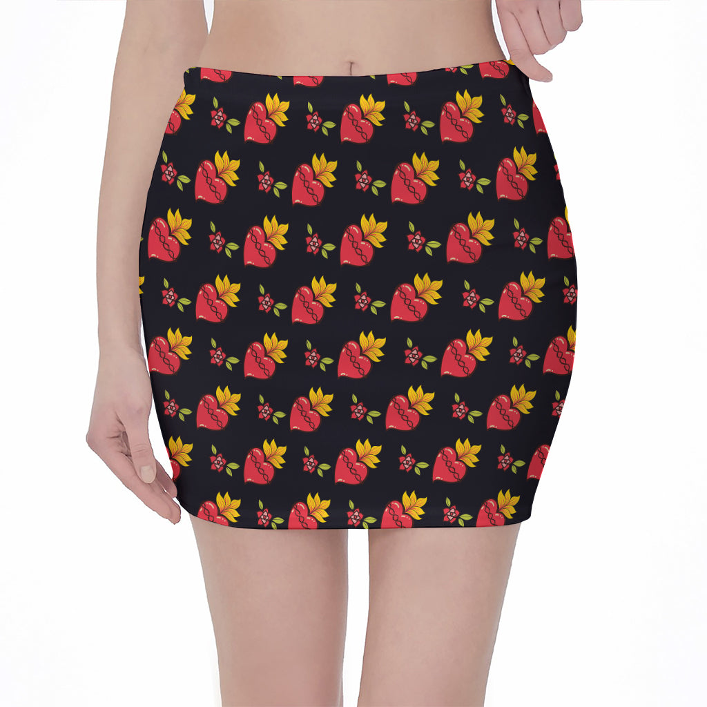 Sacred Heart Pattern Print Pencil Mini Skirt