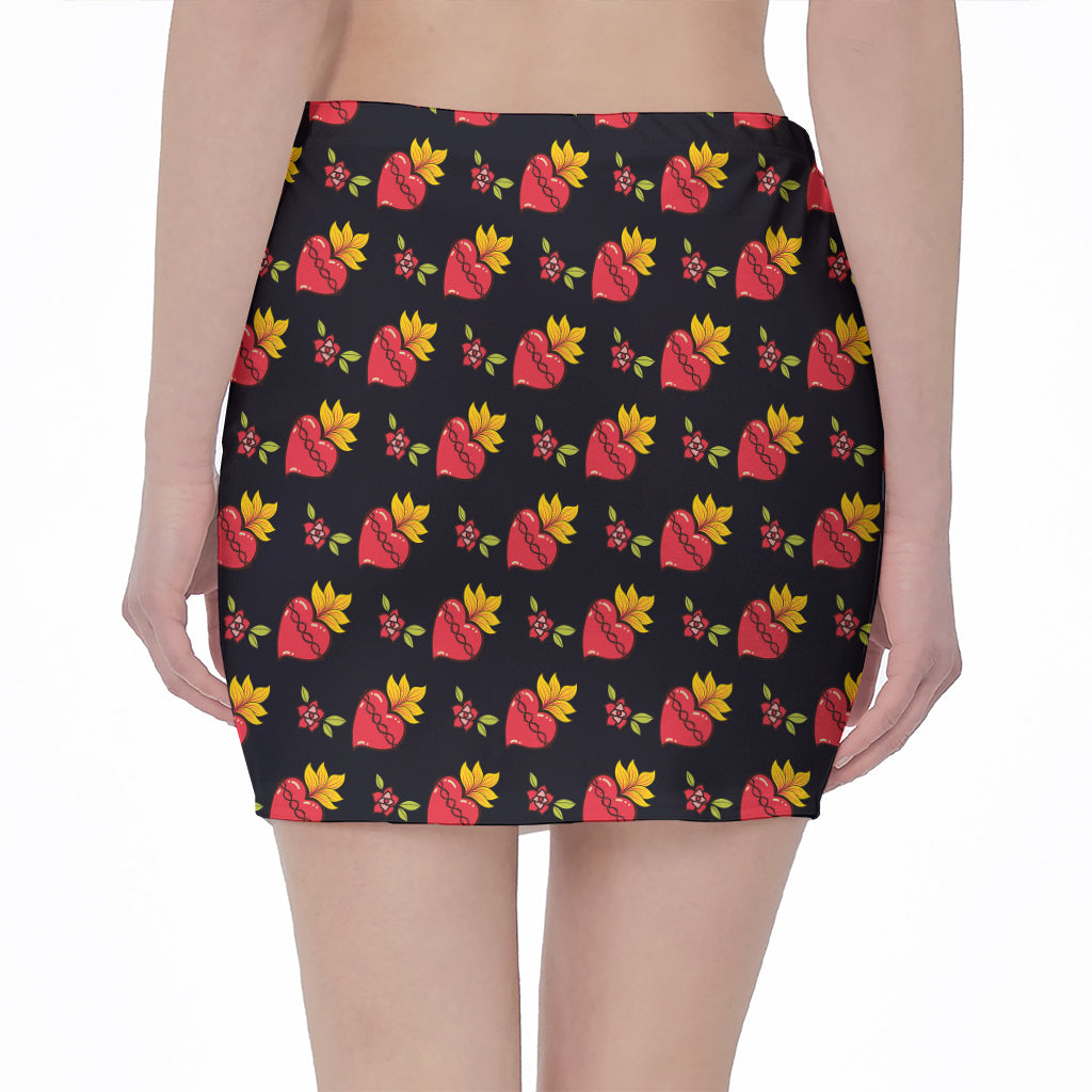 Sacred Heart Pattern Print Pencil Mini Skirt