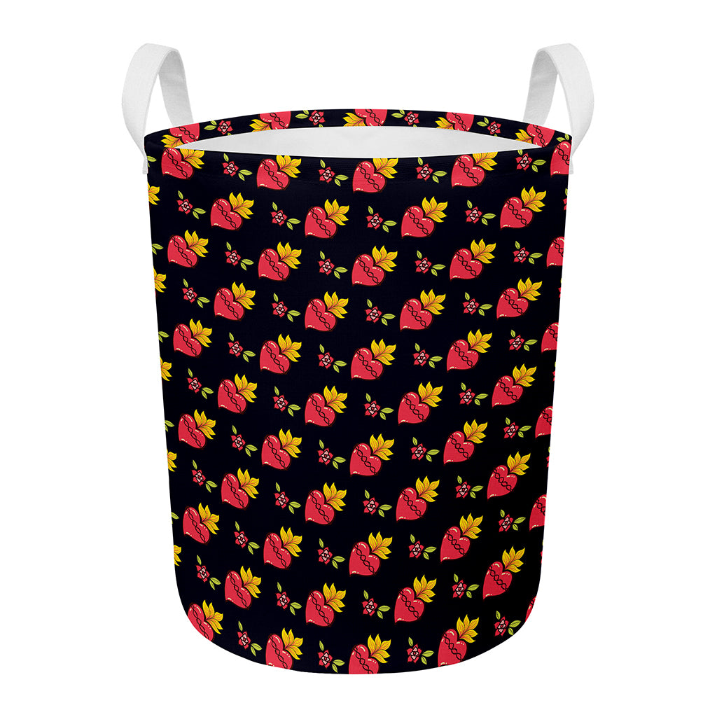 Sacred Heart Pattern Print Round Laundry Basket