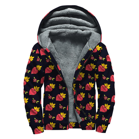 Sacred Heart Pattern Print Sherpa Lined Zip Up Hoodie
