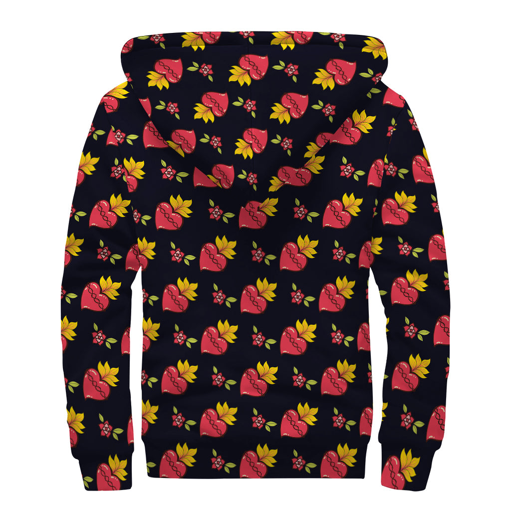 Sacred Heart Pattern Print Sherpa Lined Zip Up Hoodie