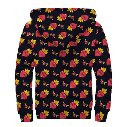 Sacred Heart Pattern Print Sherpa Lined Zip Up Hoodie