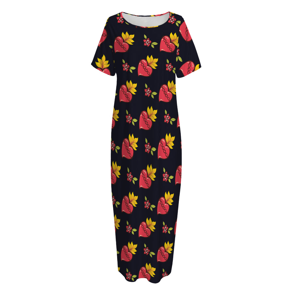 Sacred Heart Pattern Print Short Sleeve Long Nightdress