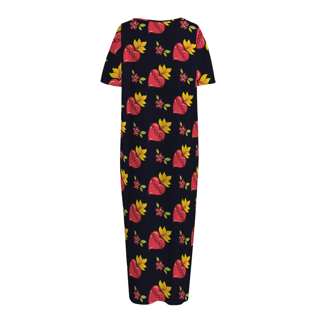 Sacred Heart Pattern Print Short Sleeve Long Nightdress