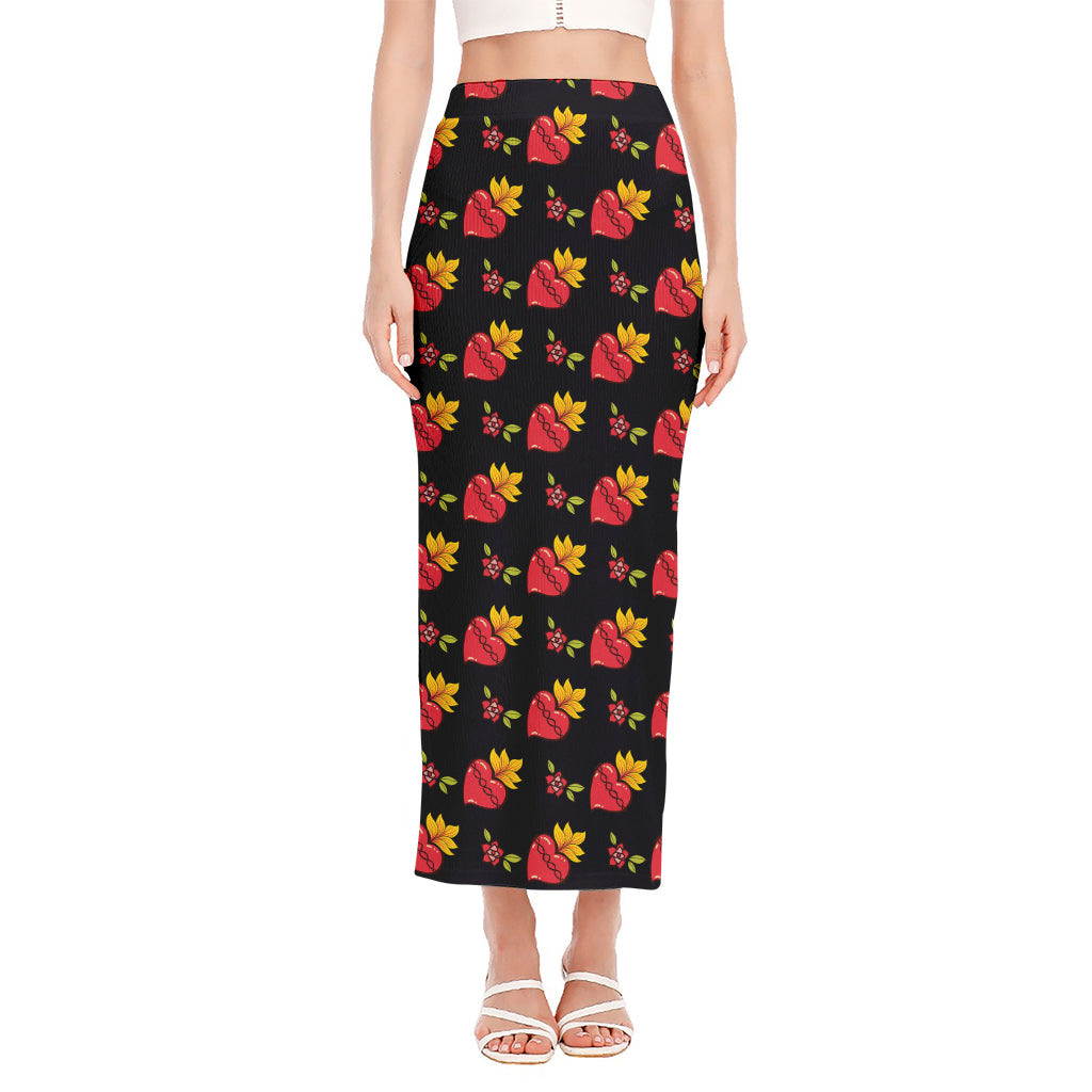 Sacred Heart Pattern Print Side Slit Maxi Skirt