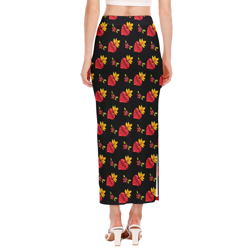 Sacred Heart Pattern Print Side Slit Maxi Skirt