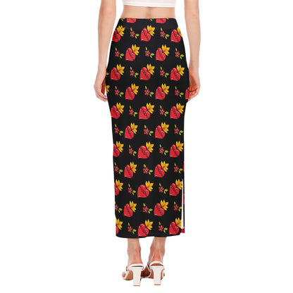 Sacred Heart Pattern Print Side Slit Maxi Skirt
