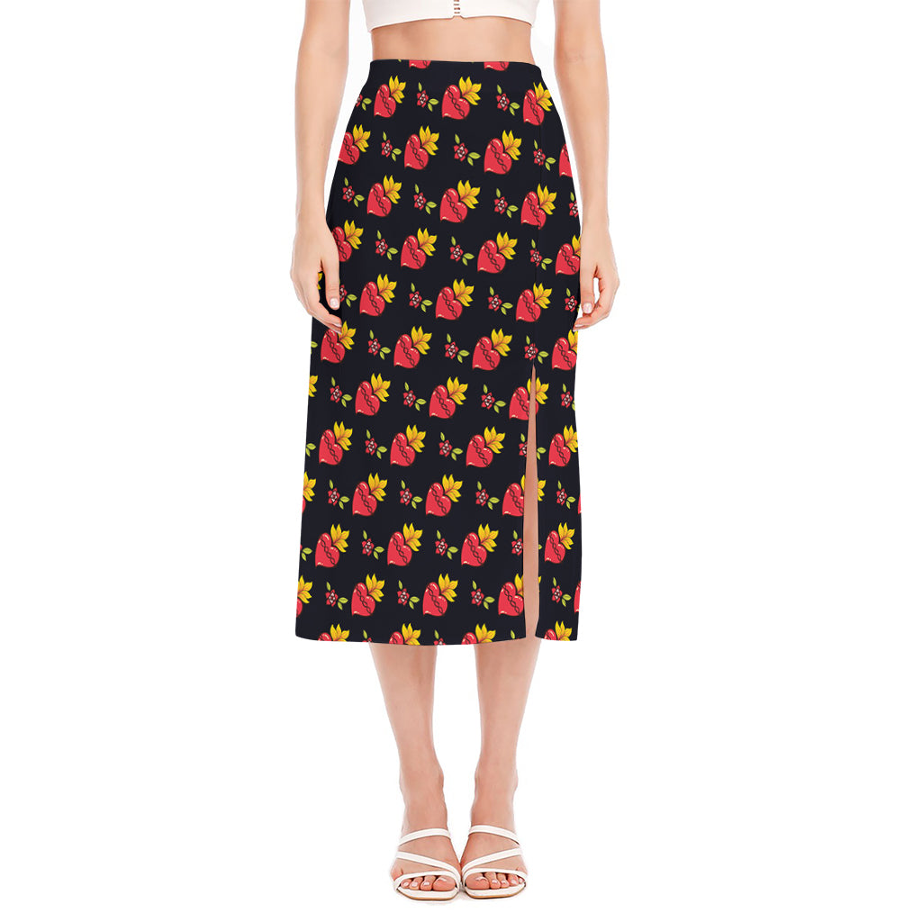 Sacred Heart Pattern Print Side Slit Midi Skirt