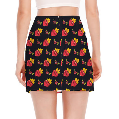 Sacred Heart Pattern Print Side Slit Mini Skirt