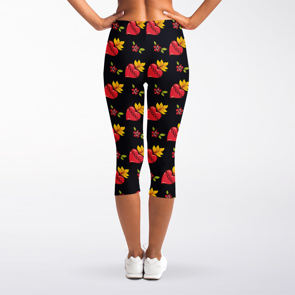 Sacred Heart Pattern Print Women's Capri Leggings