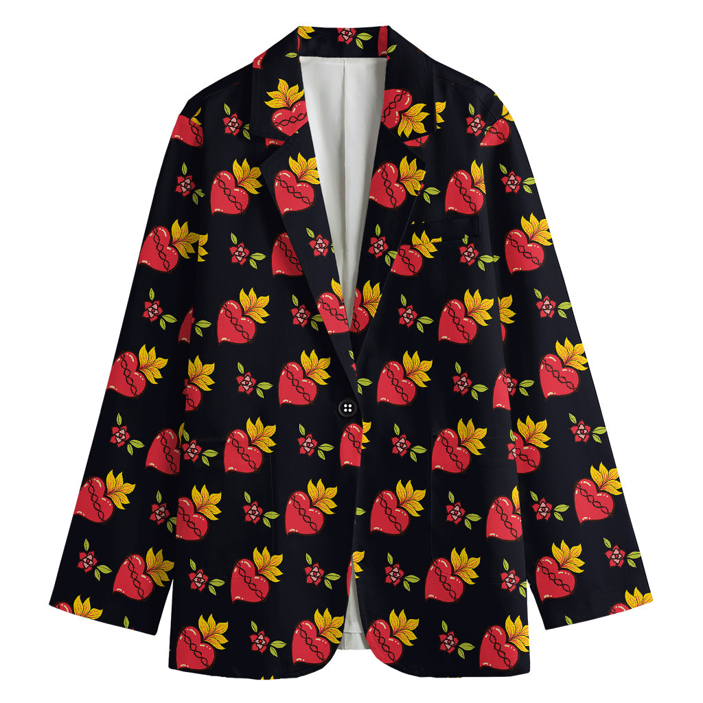 Sacred Heart Pattern Print Women's Cotton Blazer