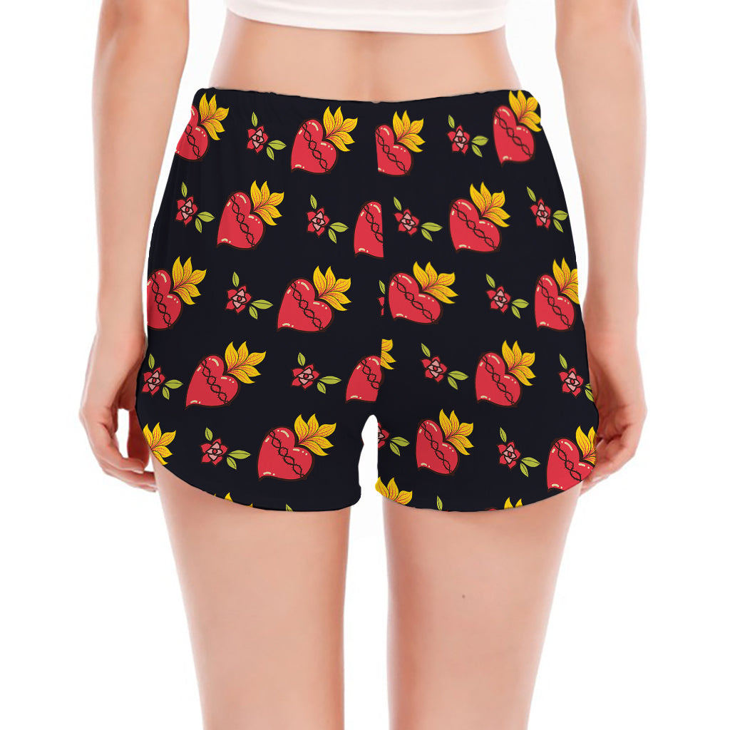Sacred Heart Pattern Print Women's Split Running Shorts