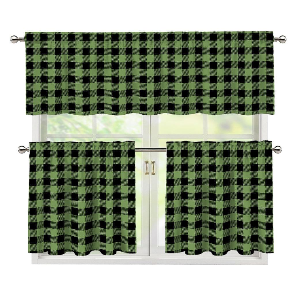 Sage Green Buffalo Check Pattern Print 3 Piece Kitchen Curtains