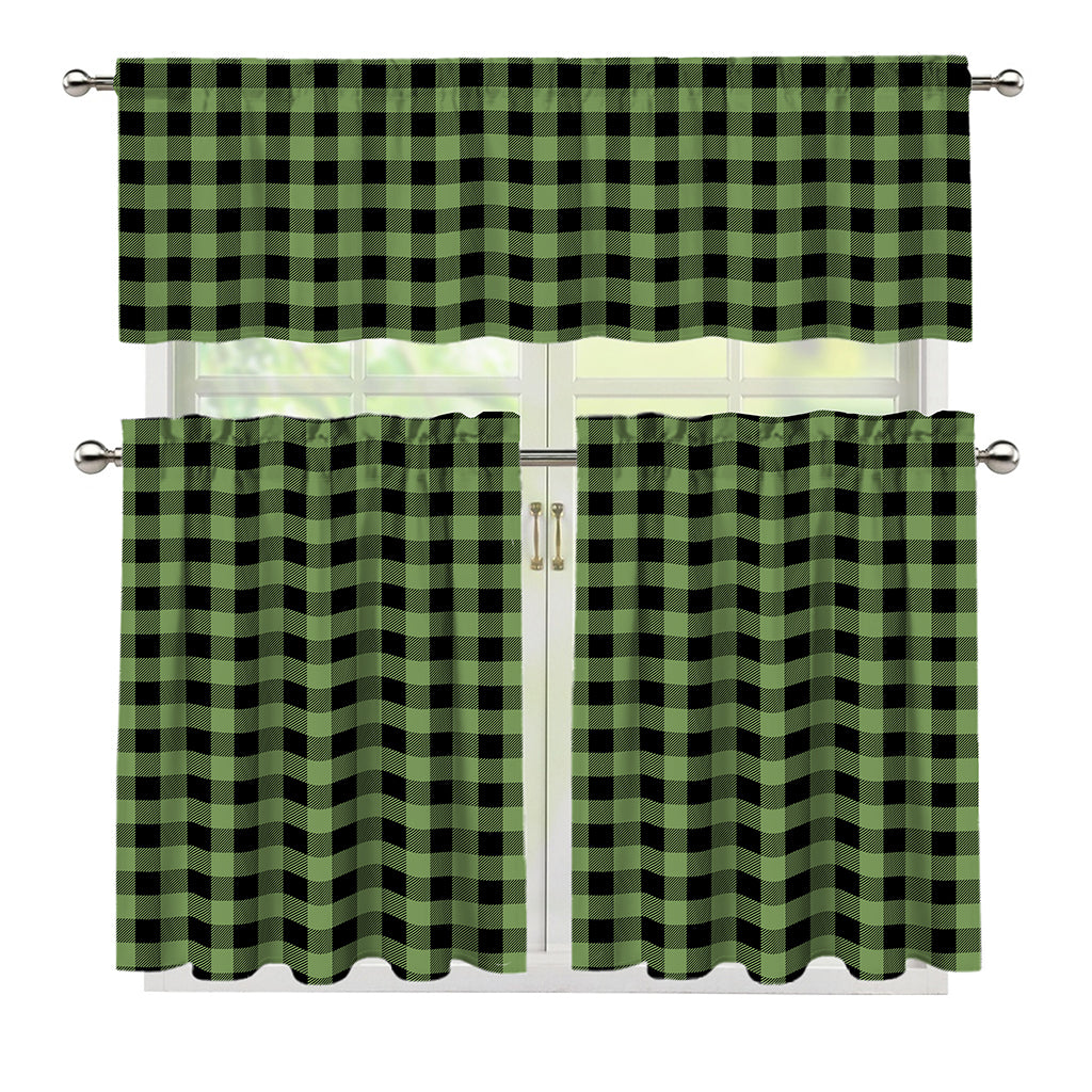 Sage Green Buffalo Check Pattern Print 3 Piece Kitchen Curtains