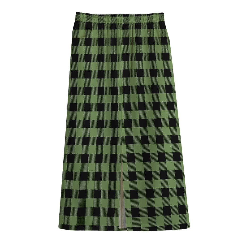 Sage Green Buffalo Check Pattern Print Cotton Front Slit Maxi Skirt