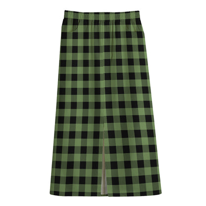 Sage Green Buffalo Check Pattern Print Cotton Front Slit Maxi Skirt