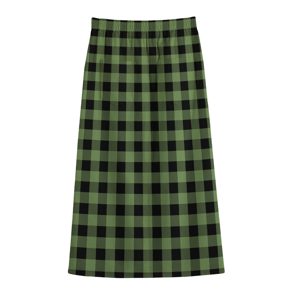 Sage Green Buffalo Check Pattern Print Cotton Front Slit Maxi Skirt