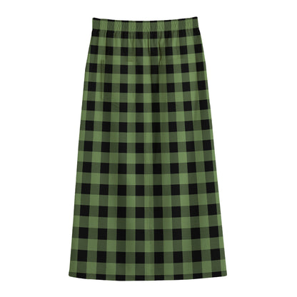 Sage Green Buffalo Check Pattern Print Cotton Front Slit Maxi Skirt