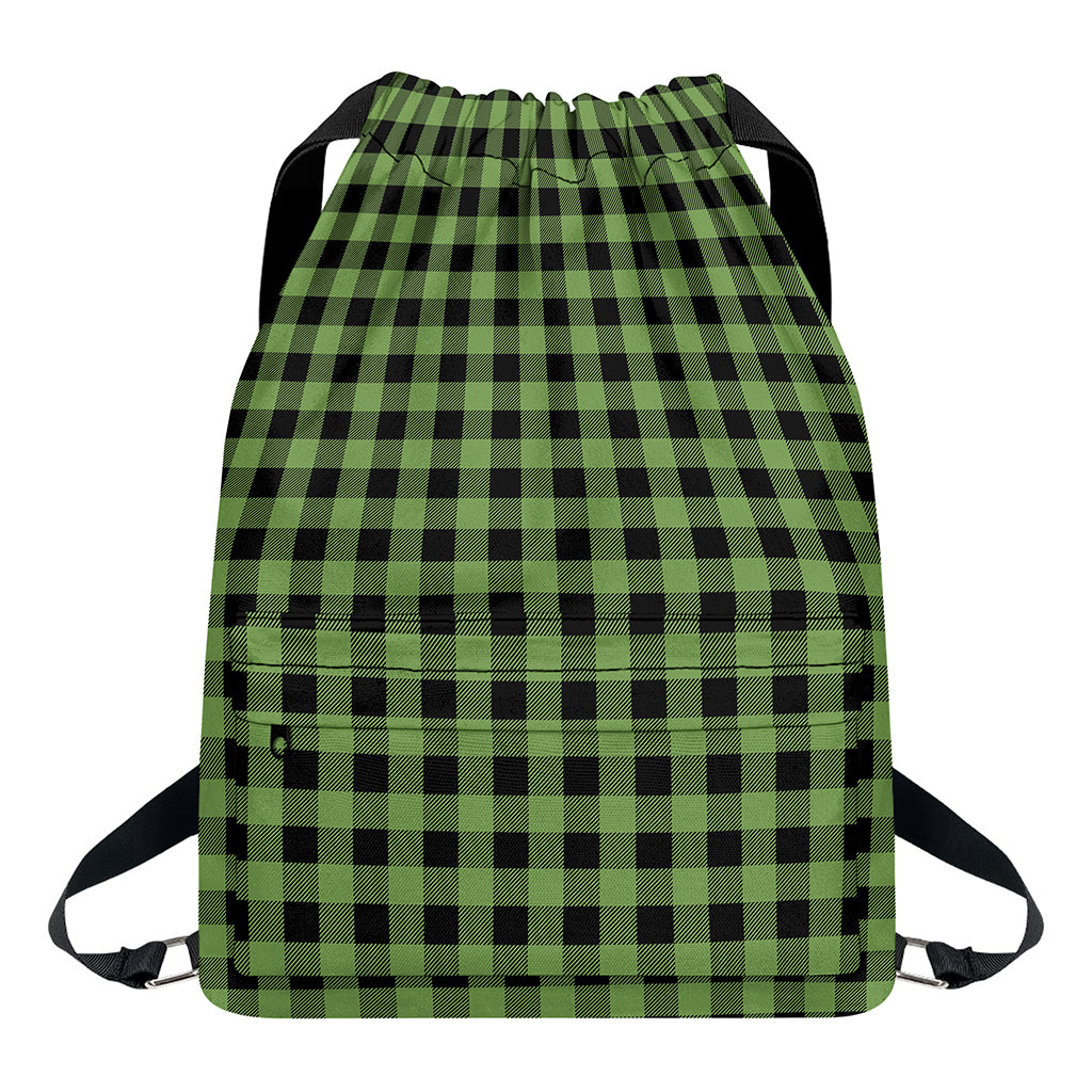 Sage Green Buffalo Check Pattern Print Drawstring Backpack