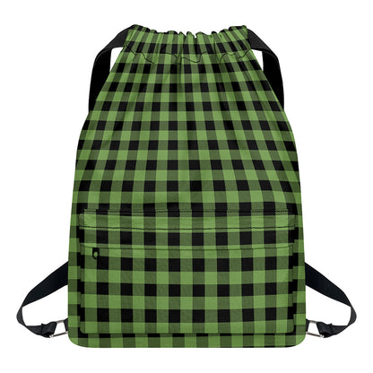 Sage Green Buffalo Check Pattern Print Drawstring Backpack
