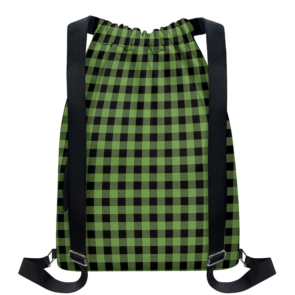 Sage Green Buffalo Check Pattern Print Drawstring Backpack