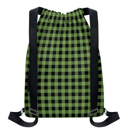 Sage Green Buffalo Check Pattern Print Drawstring Backpack