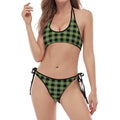 Sage Green Buffalo Check Pattern Print Halter Scoop Tie Side Bikini