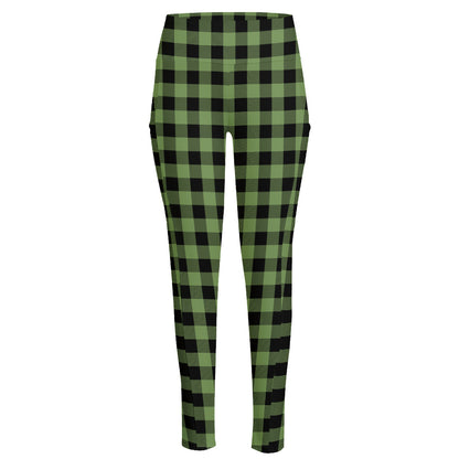 Sage Green Buffalo Check Pattern Print High-Waisted Pocket Leggings