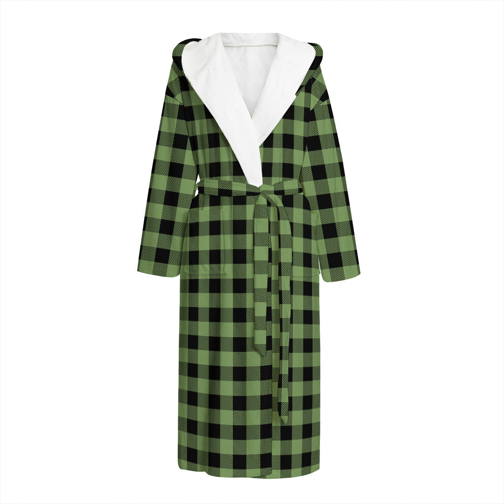 Sage Green Buffalo Check Pattern Print Hooded Bathrobe