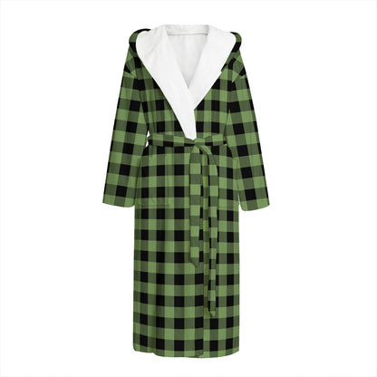 Sage Green Buffalo Check Pattern Print Hooded Bathrobe