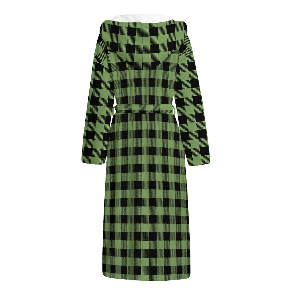 Sage Green Buffalo Check Pattern Print Hooded Bathrobe