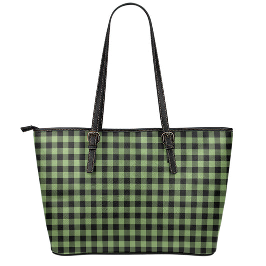 Sage Green Buffalo Check Pattern Print Leather Tote Bag