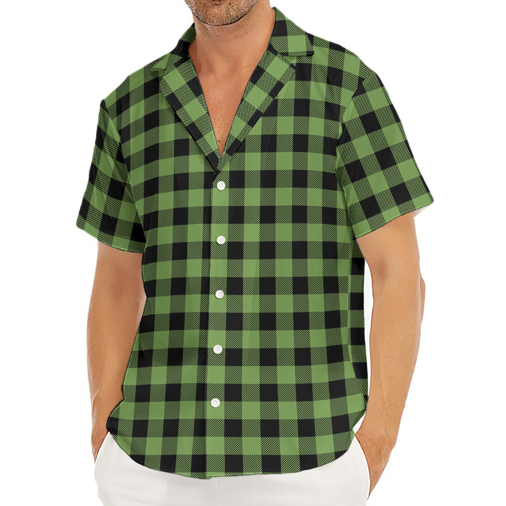 Sage Green Buffalo Check Pattern Print Men's Deep V-Neck Shirt