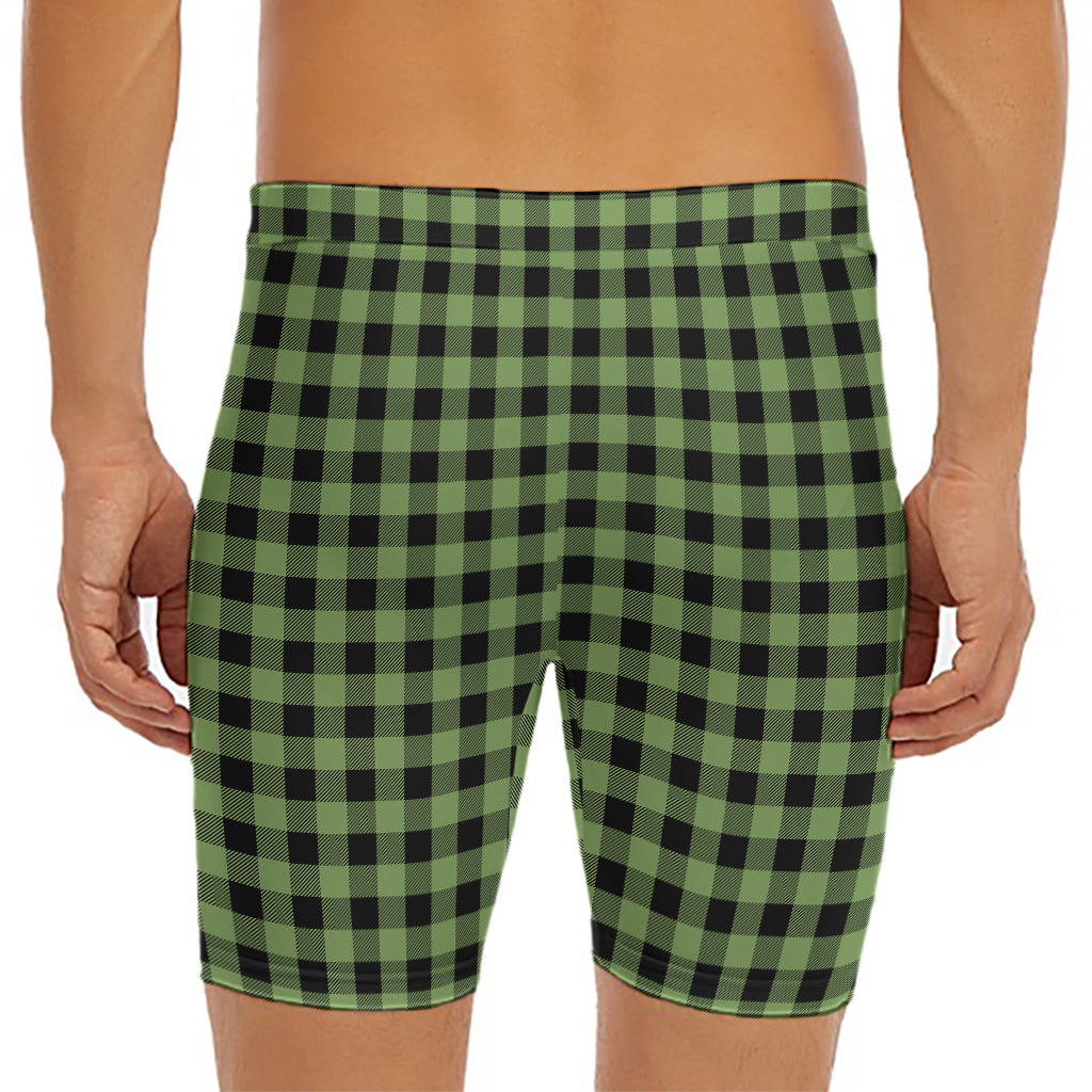Sage Green Buffalo Check Pattern Print Men's Long Boxer Briefs
