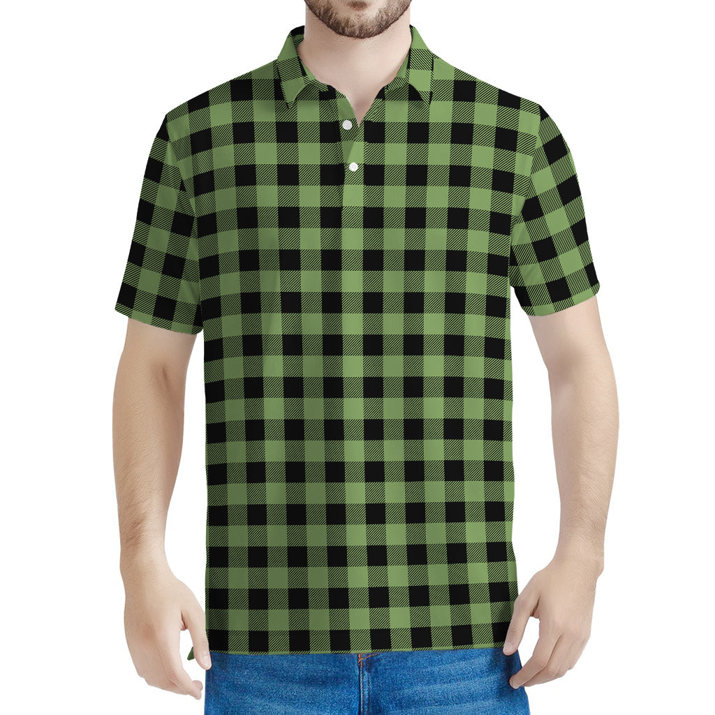 Sage Green Buffalo Check Pattern Print Men's Polo Shirt