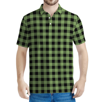 Sage Green Buffalo Check Pattern Print Men's Polo Shirt