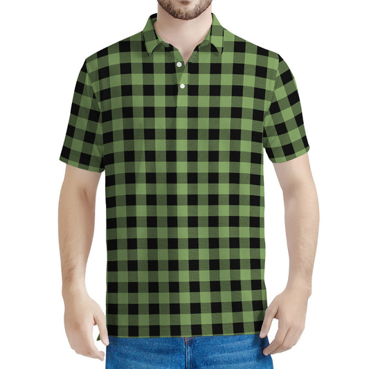 Sage Green Buffalo Check Pattern Print Men's Polo Shirt