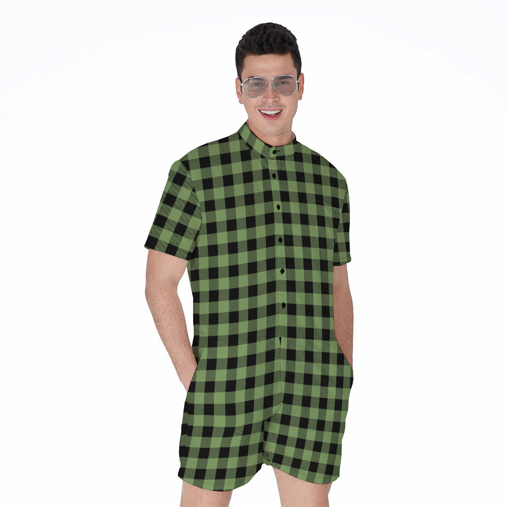 Sage Green Buffalo Check Pattern Print Men's Rompers