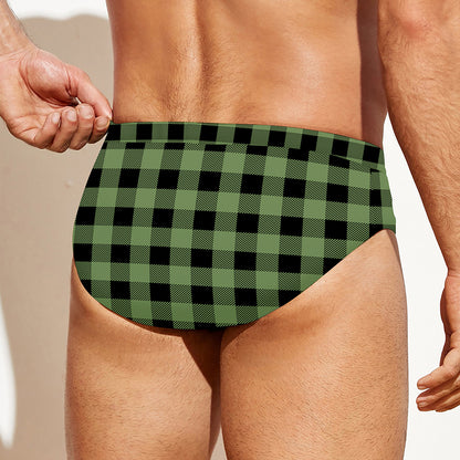 Sage Green Buffalo Check Pattern Print Men's Swim Briefs