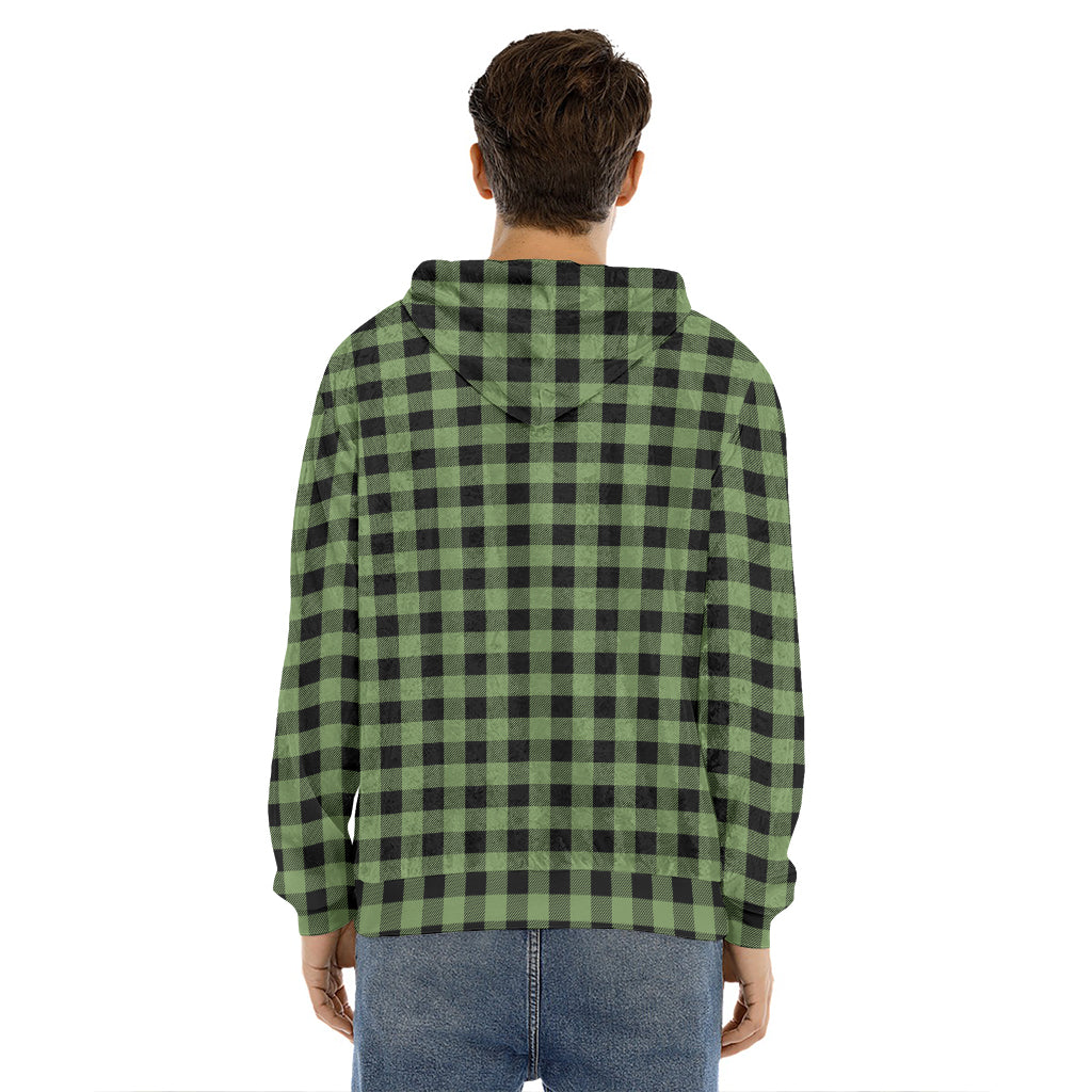Sage Green Buffalo Check Pattern Print Men's Velvet Pullover Hoodie