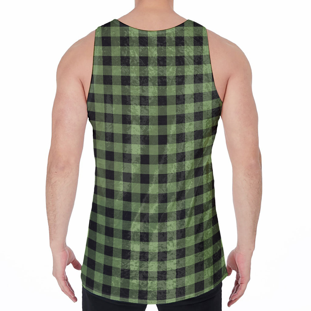 Sage Green Buffalo Check Pattern Print Men's Velvet Tank Top