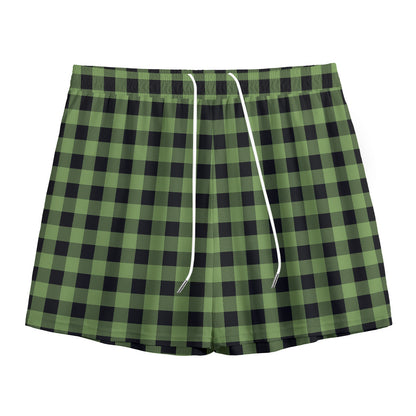 Sage Green Buffalo Check Pattern Print Mesh Shorts