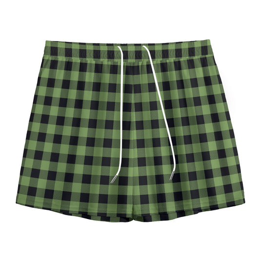 Sage Green Buffalo Check Pattern Print Mesh Shorts